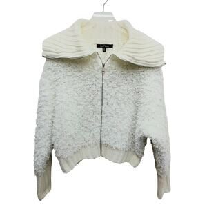 Love Tree White Shaggy Faux Fur Full Zip Sweater Jacket Size Small
